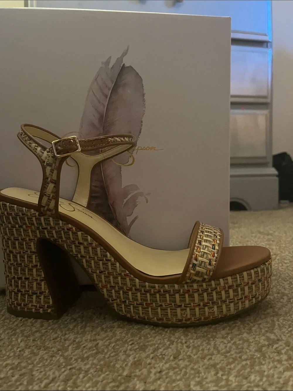 Jessica Simpson Tan Woven Platform Sandal with Multicolor Accents